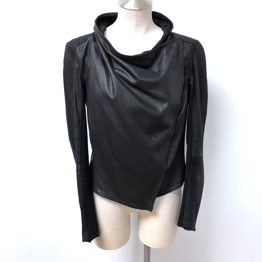 Lamarque Madison Leather Jacket Womens Medium Black Draped Cowl Asymmetrical
